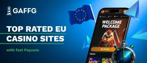 Banner reading Top Rated EU Casinos with fast Payouts next to a phone and stopwatch.