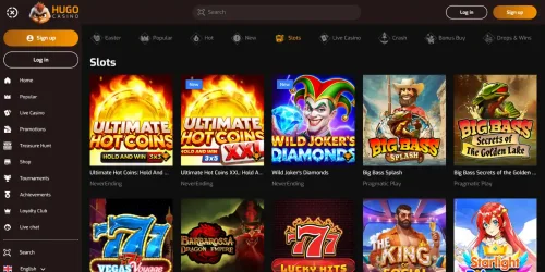 Hugo Casino EU homepage displaying slot games like Ultimate Hot Coins and Big Bass Splash.