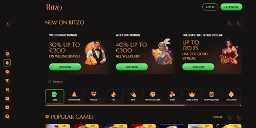 Ritzo online casino homepage displaying new bonuses, a game lobby menu, and popular slot games.
