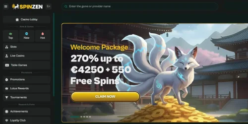 Spinzen casino homepage featuring a 9-tailed white fox on gold coins and a welcome bonus banner.