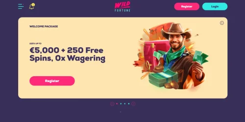 Wild Fortune casino welcome banner featuring a smiling cowboy with a safe, cash, and coins.
