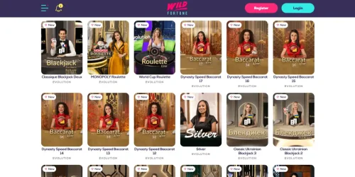 Wild Fortune page featuring a grid layout of live dealer games by Evolution.