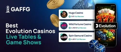 Best Evolution Casinos banner featuring 3 casinos with Evolution and Gaffg logos.