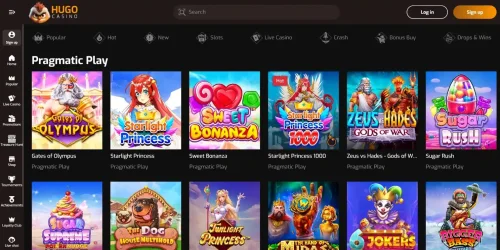 Pragmatic Play slot games on Hugo Casino including popular titles like Gates of Olympus.
