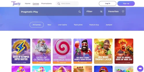 Pragmatic Play game lobby banner and popular slot tiles on Tsars Casino website.