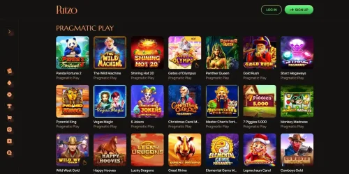 Pragmatic Play slot selection grid on Ritzo Casino's dark-themed gaming website.