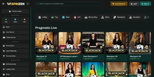 Pragmatic Live casino lobby on Spinzen showcasing various blackjack games with live dealers.