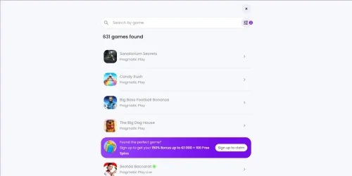 Search results showing 631 Pragmatic Play games and a signup bonus pop-up on Winnerz.