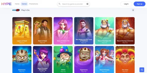Play'n GO slot game selection grid on the Hype Casino website interface. 