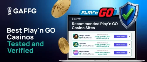 Gaffg's recommended and tested Play'n GO casino sites on a laptop screen.