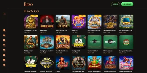 Variety of Play'n GO slots and table games displayed on the Ritzo Casino website lobby. 