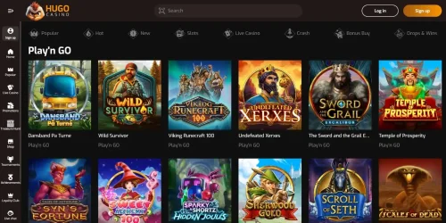 Play'n GO game lobby at Hugo Casino featuring slot titles such as Viking Runecraft and Wild Survivor.