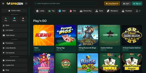Play'n GO table game and bingo lobby at Spinzen including Keno, Flying Pigs, and Blackjack.