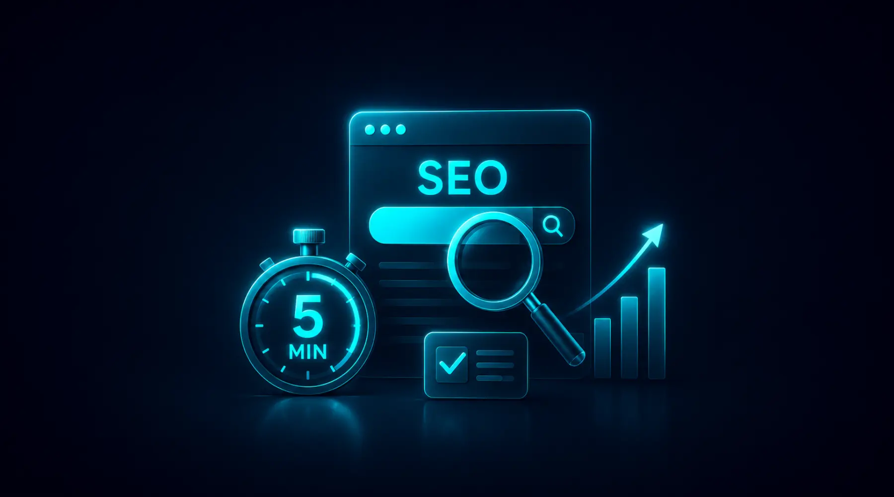 5-minute SEO audit with search bar, magnifying glass, checklist and growth chart