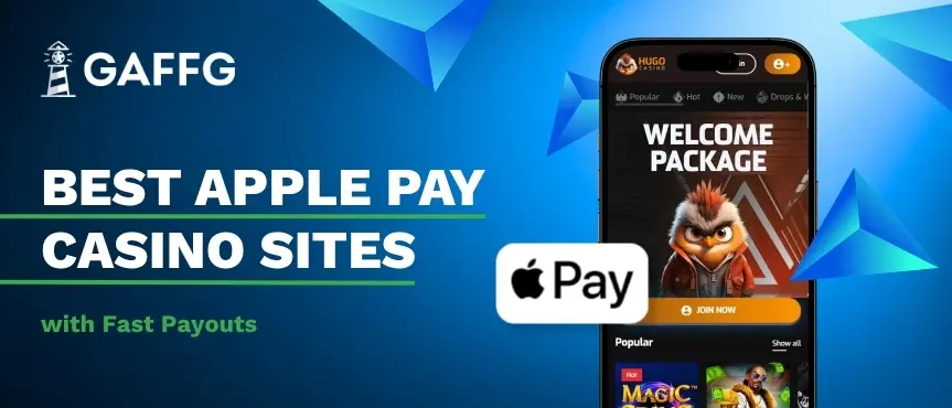 Gaffg banner showing text of best apple pay casino sites with fast payouts next to a mobile showing apple pay casino site