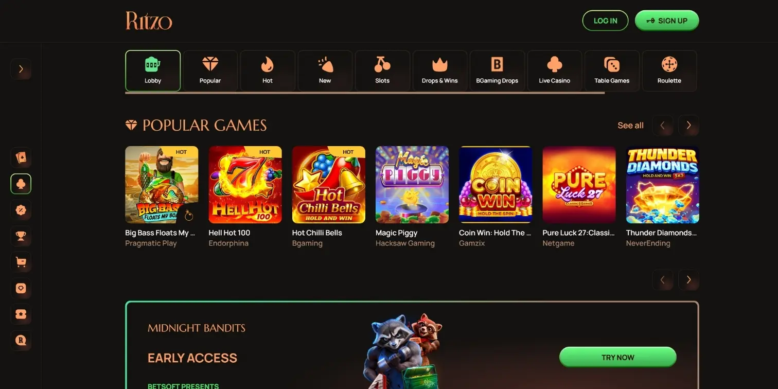 Ritzo Casino homepage featuring a dark theme, navigation menu, and a popular games grid.