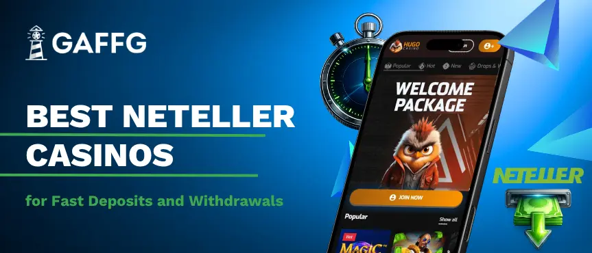 GAFFG banner for Best Neteller Casinos featuring a smartphone, a stopwatch, and cash icon.