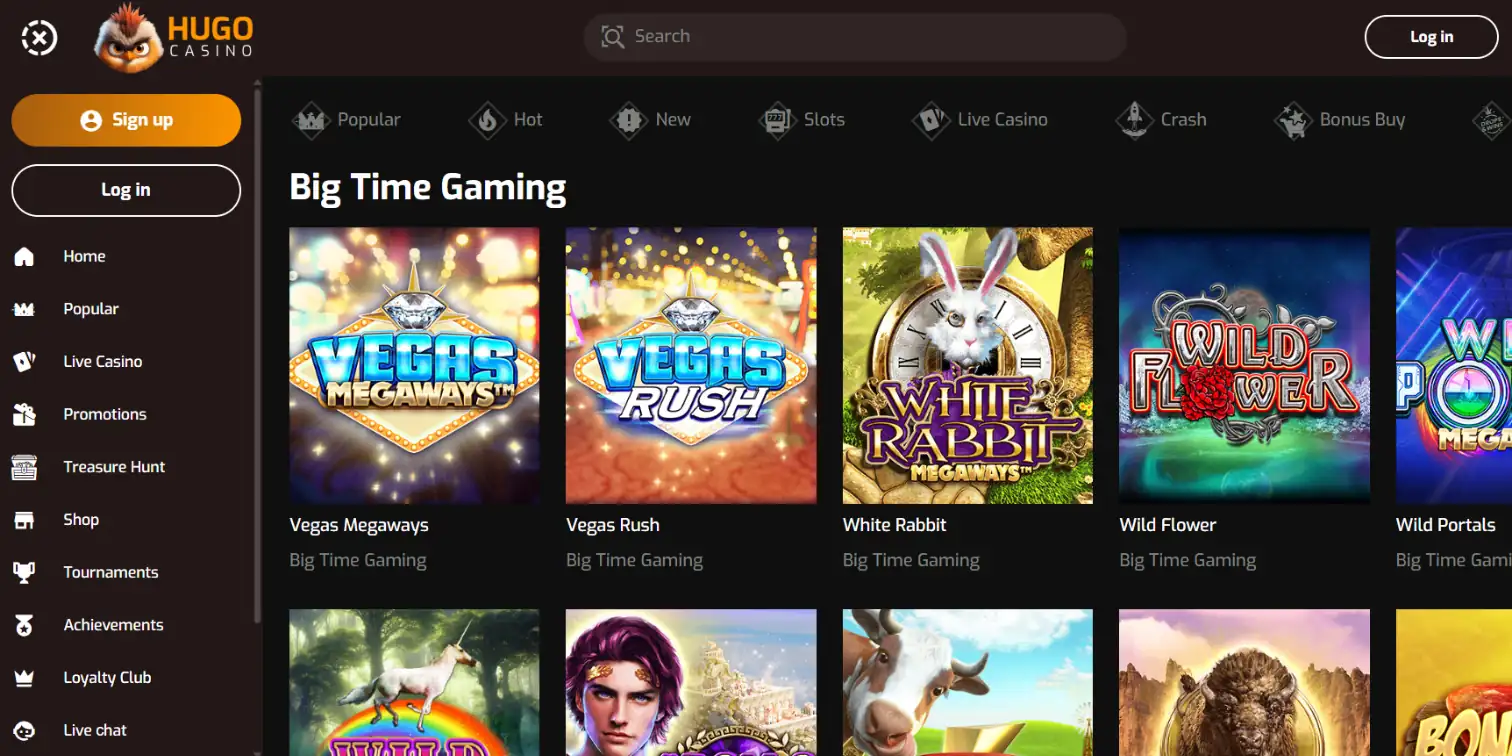 Big Time Gaming's game lobby at Hugo Casino and the options menu on the left
