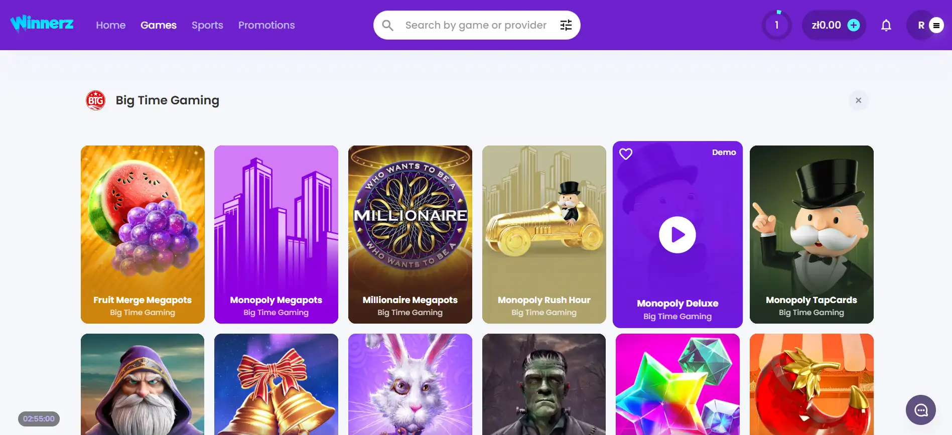 A view of the most popular Big Time Gaming titles at Winnerz Casino