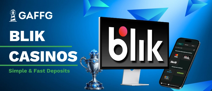 banner with monitor displaying the BLIK logo on screen, and a trophy in the background