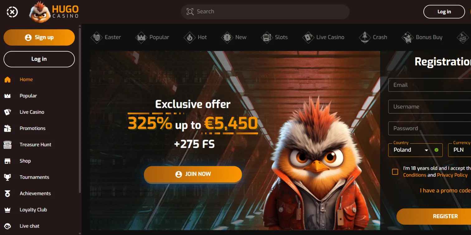 The Hugo Casino welcome offer registration form for new players, and the site navigation menu