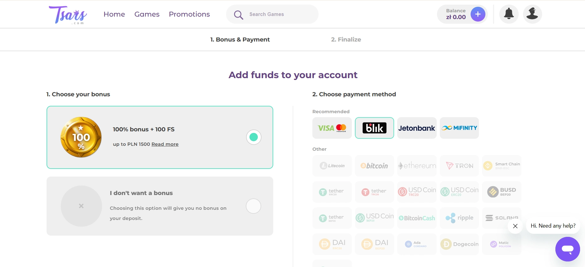 Screenshot of a deposit to Tsars Casino, showing BLIK selected as the deposit method