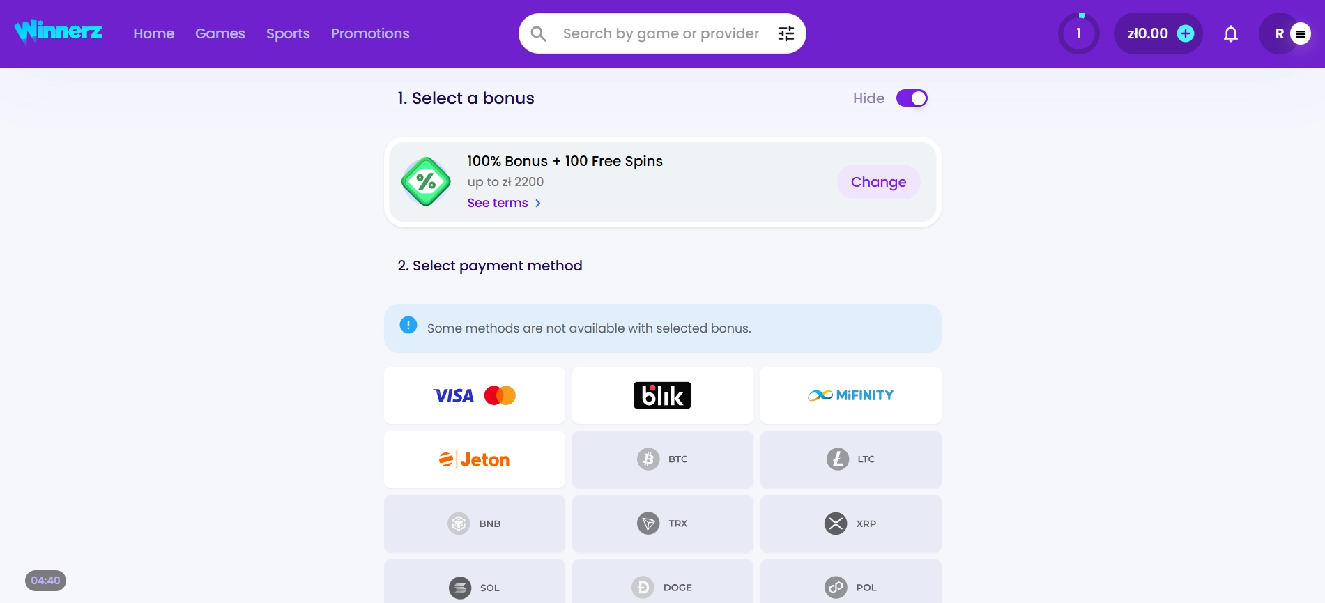 cashier section at Winnerz Casino, showing the BLIK option available, among others
