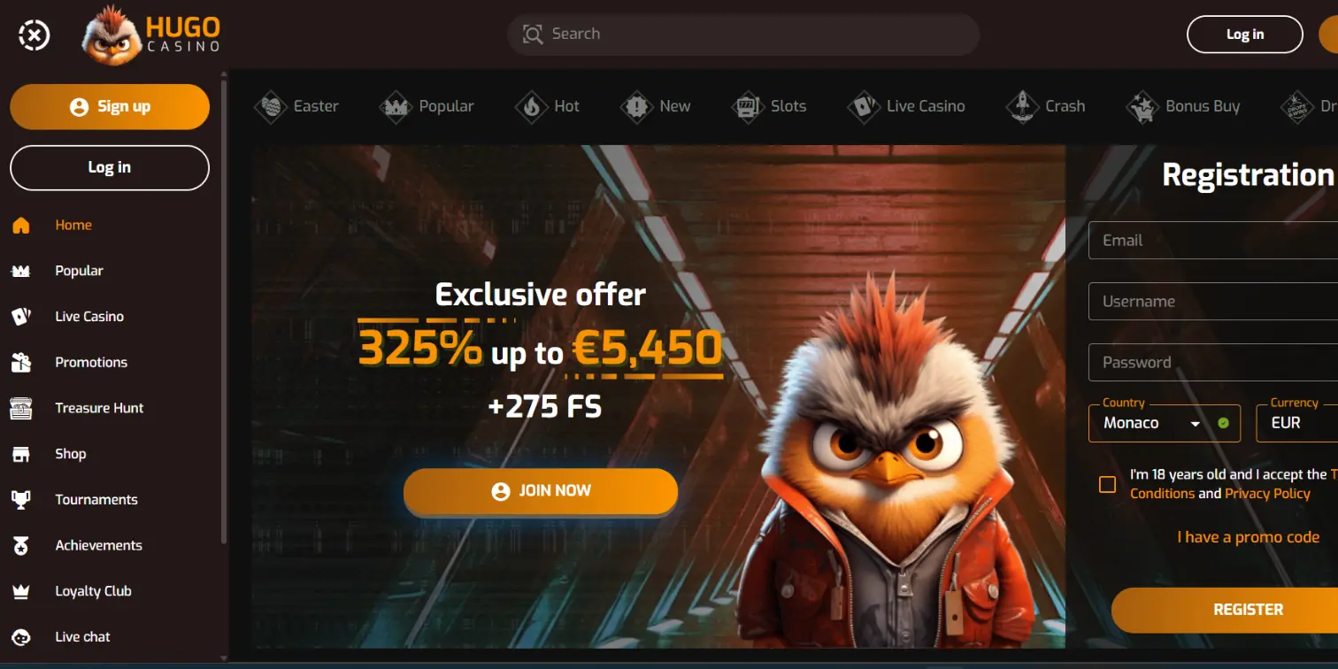 View of the Hugo Casino offer on the page next to the mascot and the registration form on the right