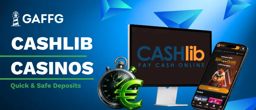banner text Cashlib casinos next to monitor with the payment logo and phone showing casino website