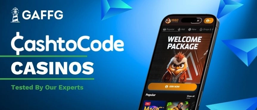 CashtoCode Casinos Tested By Our Experts next to a phone showing Hugo Casino.