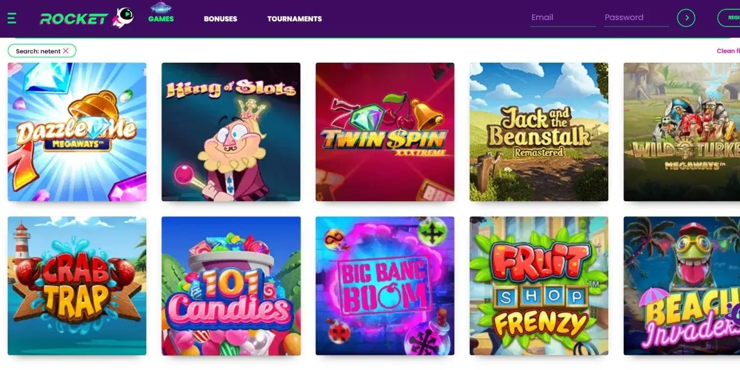 Rocket Casino NetEnt search results with Dazzle Me, King of Slots and Twin Spin games