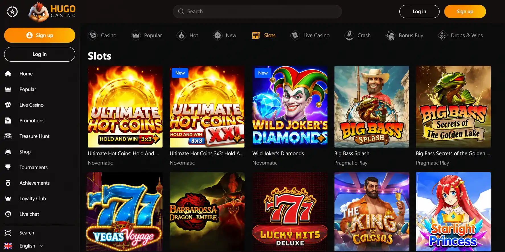 Hugo Casino EU homepage displaying slot games like Ultimate Hot Coins and Big Bass Splash.