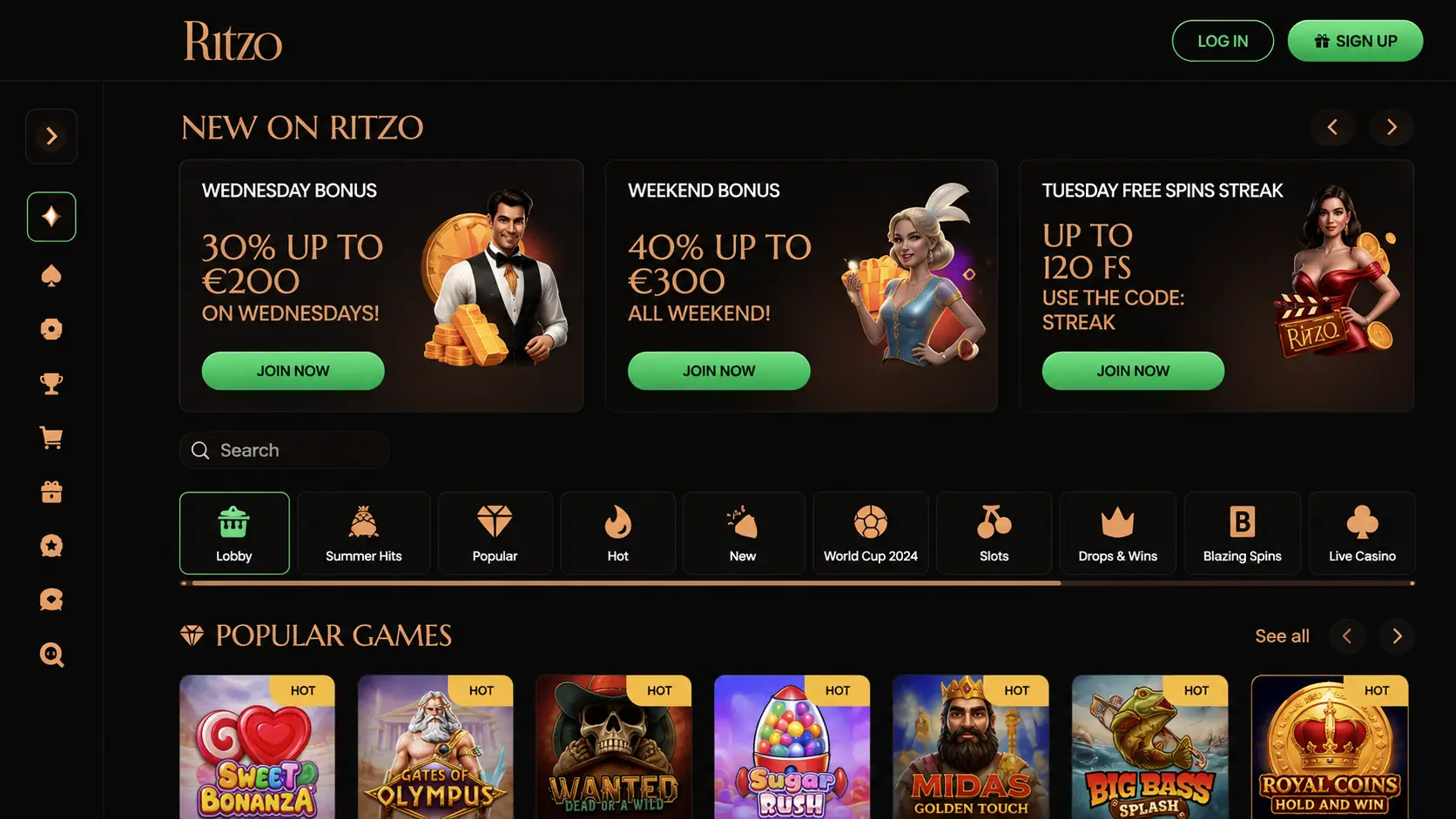 Ritzo online casino homepage displaying new bonuses, a game lobby menu, and popular slot games.