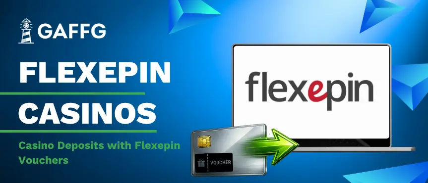 Banner text Flexepin Casinos with a voucher icon pointing towards a laptop screen.