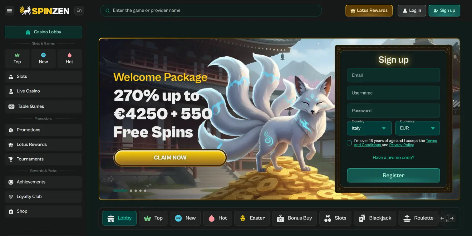 Homepage of Spinzen online casino with a white nine-tailed fox and a sign-up form.