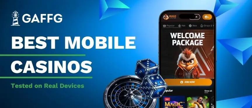 GAFFG banner for Best Mobile Casinos with dice, roulette wheel, and Hugo Casino on a smartphone.