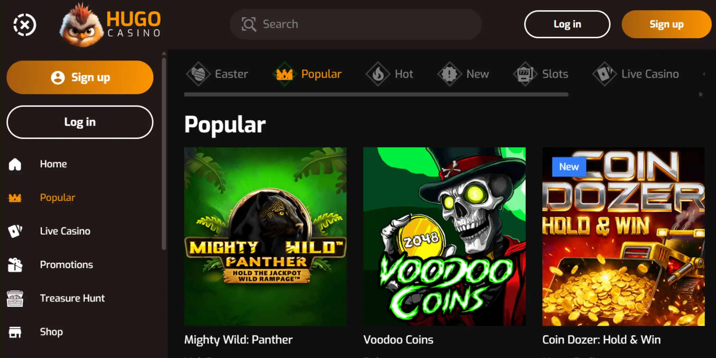 Hugo Casino homepage featuring Popular games like Mighty Wild: Panther and Voodoo Coins.