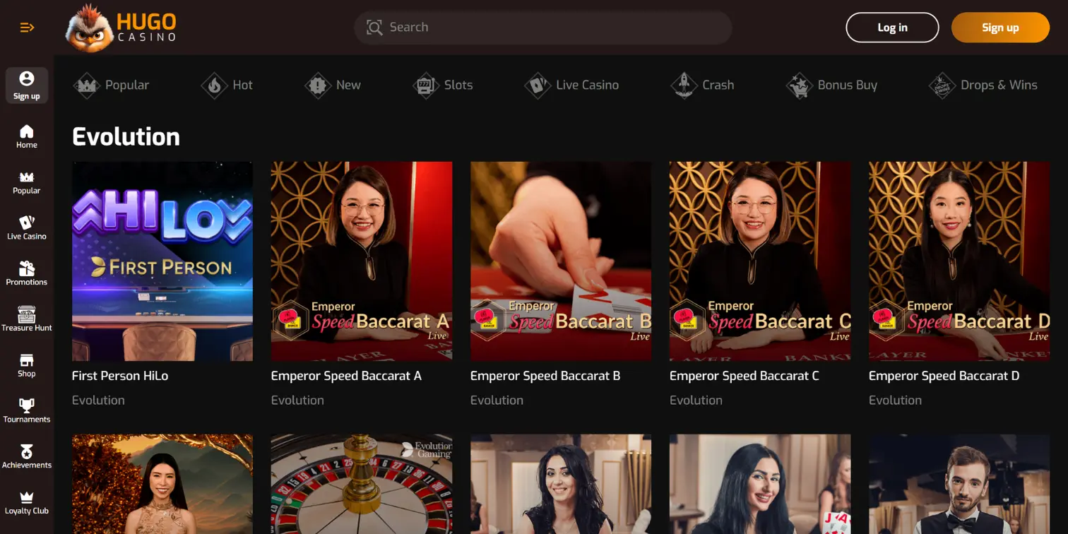 Hugo Casino interface featuring Evolution games like Emperor Speed Baccarat and HiLo.