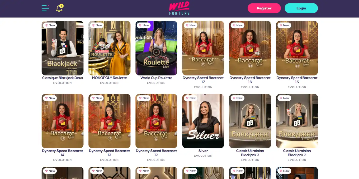 Wild Fortune page featuring a grid layout of live dealer games by Evolution.