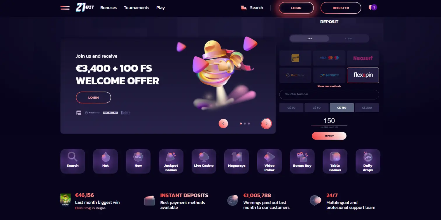 Homepage of 21Bit Online Casino featuring a welcome bonus with a deposit screen including Flexepin.