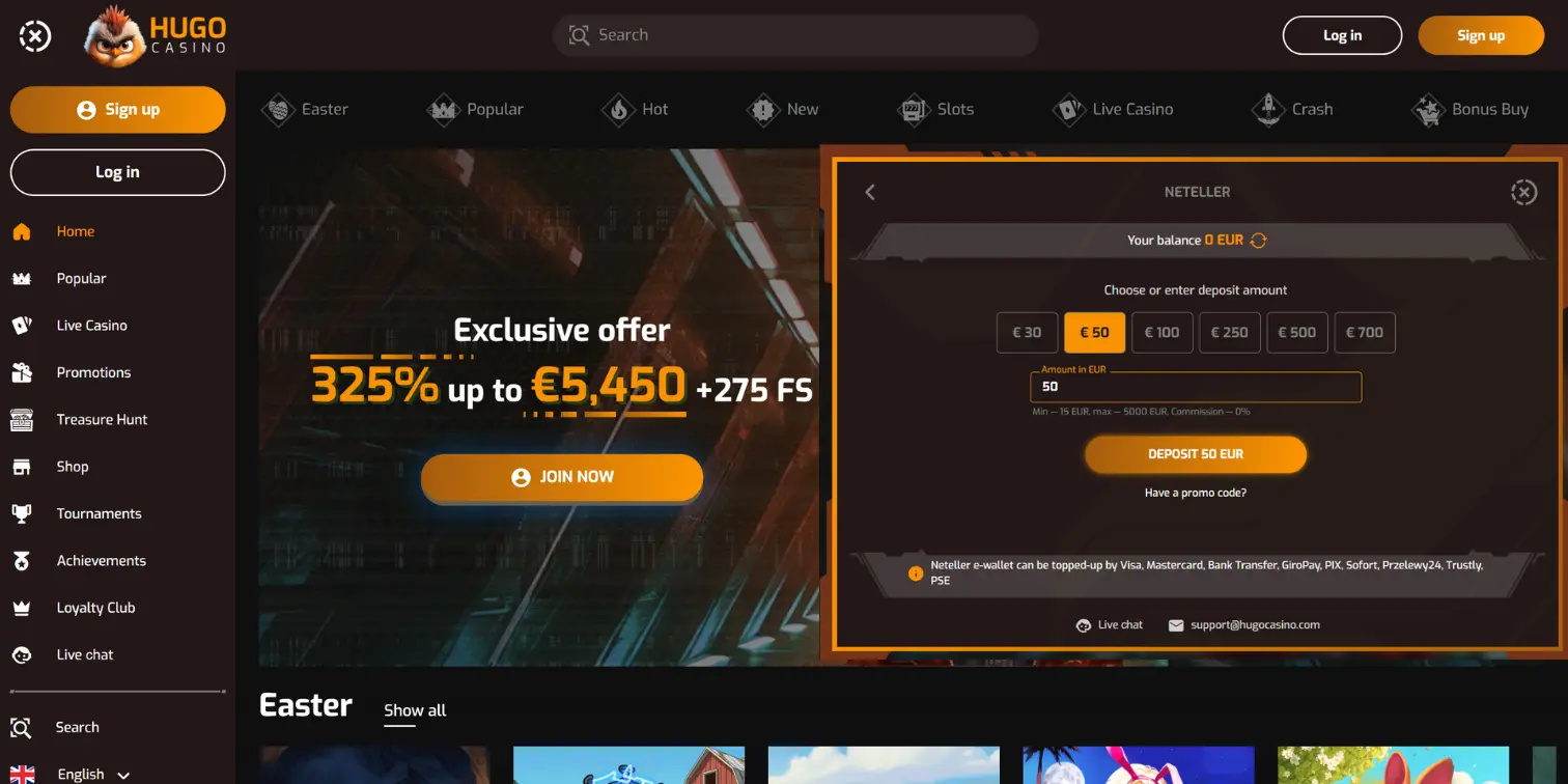 Hugo Casino deposit interface featuring an exclusive welcome offer with Neteller selected.