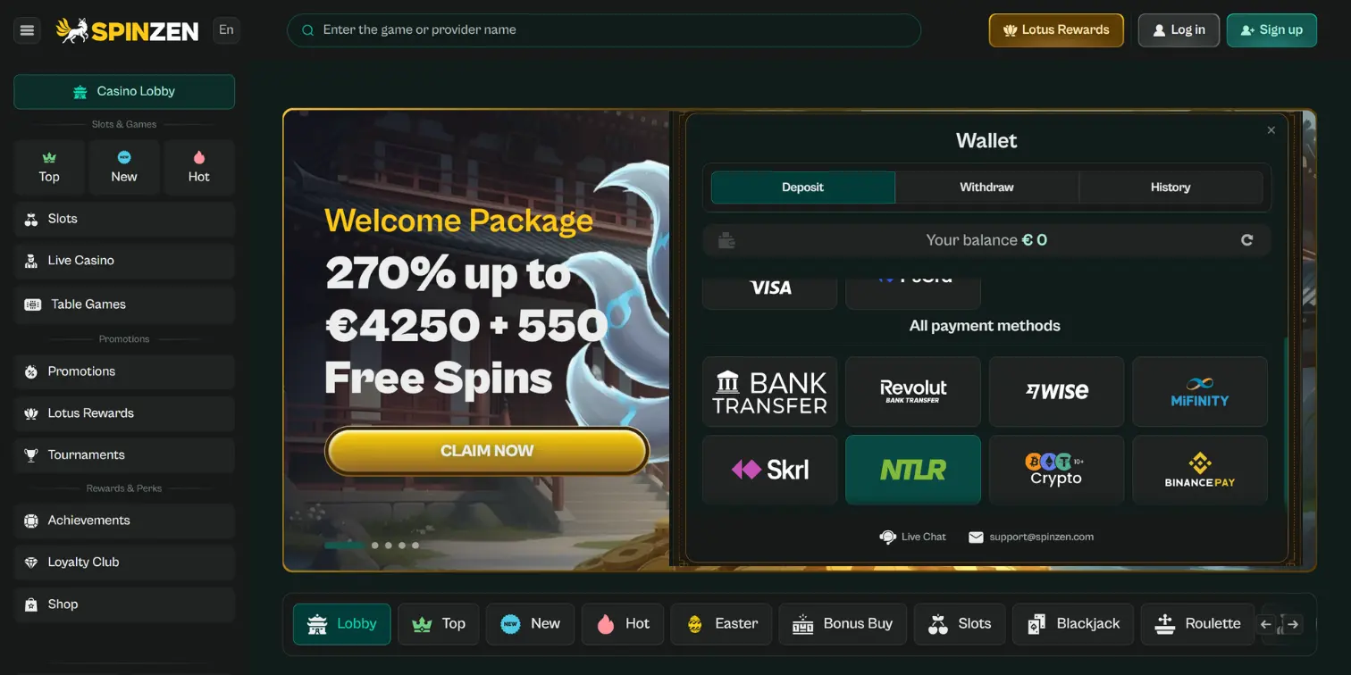 Spinzen Casino wallet view with a welcome package and Neteller deposit screen.