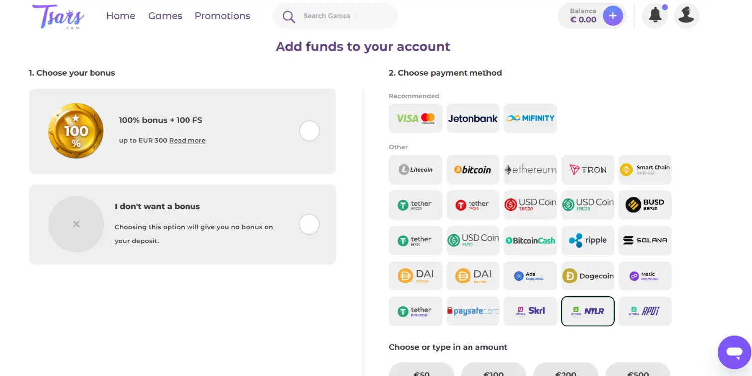 Tsars casino deposit page with bonus options and payment methods with Neteller.