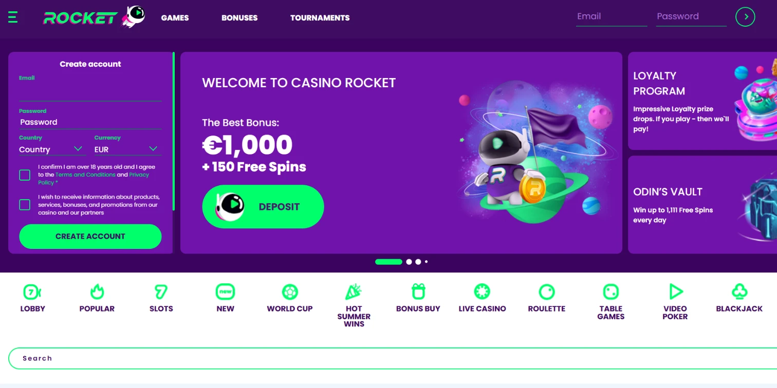 Casino Rocket homepage showing an account creation form and space-themed welcome bonus banner.