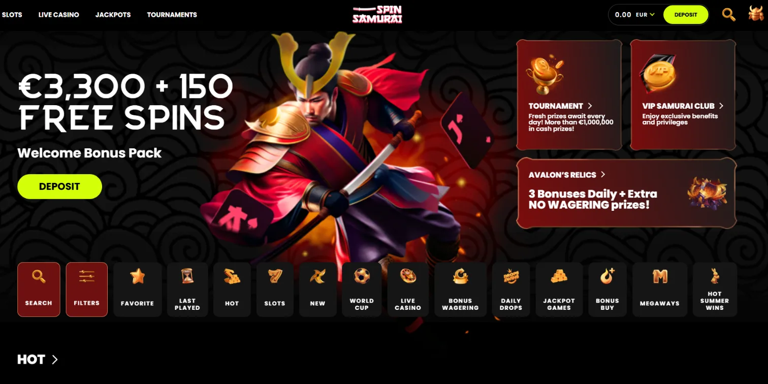 SpinSamurai casino page featuring a Japanese warrior illustration and welcome bonus package banner.