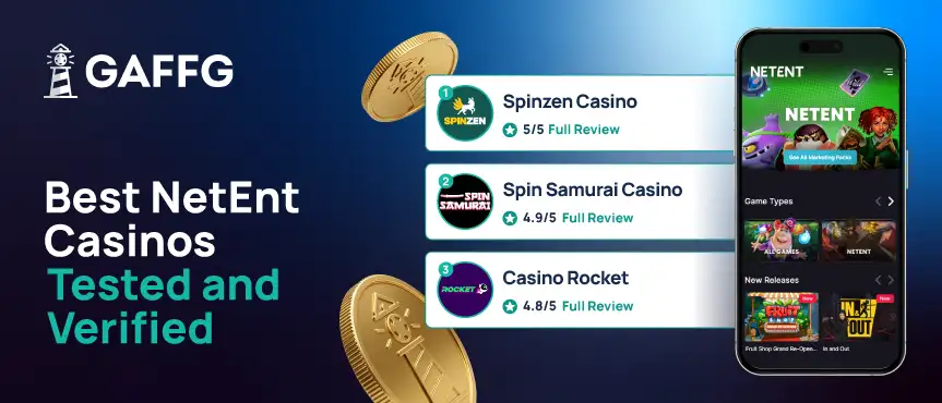 NetEnt Casinos banner with a 3D slot character standing on a smartphone.