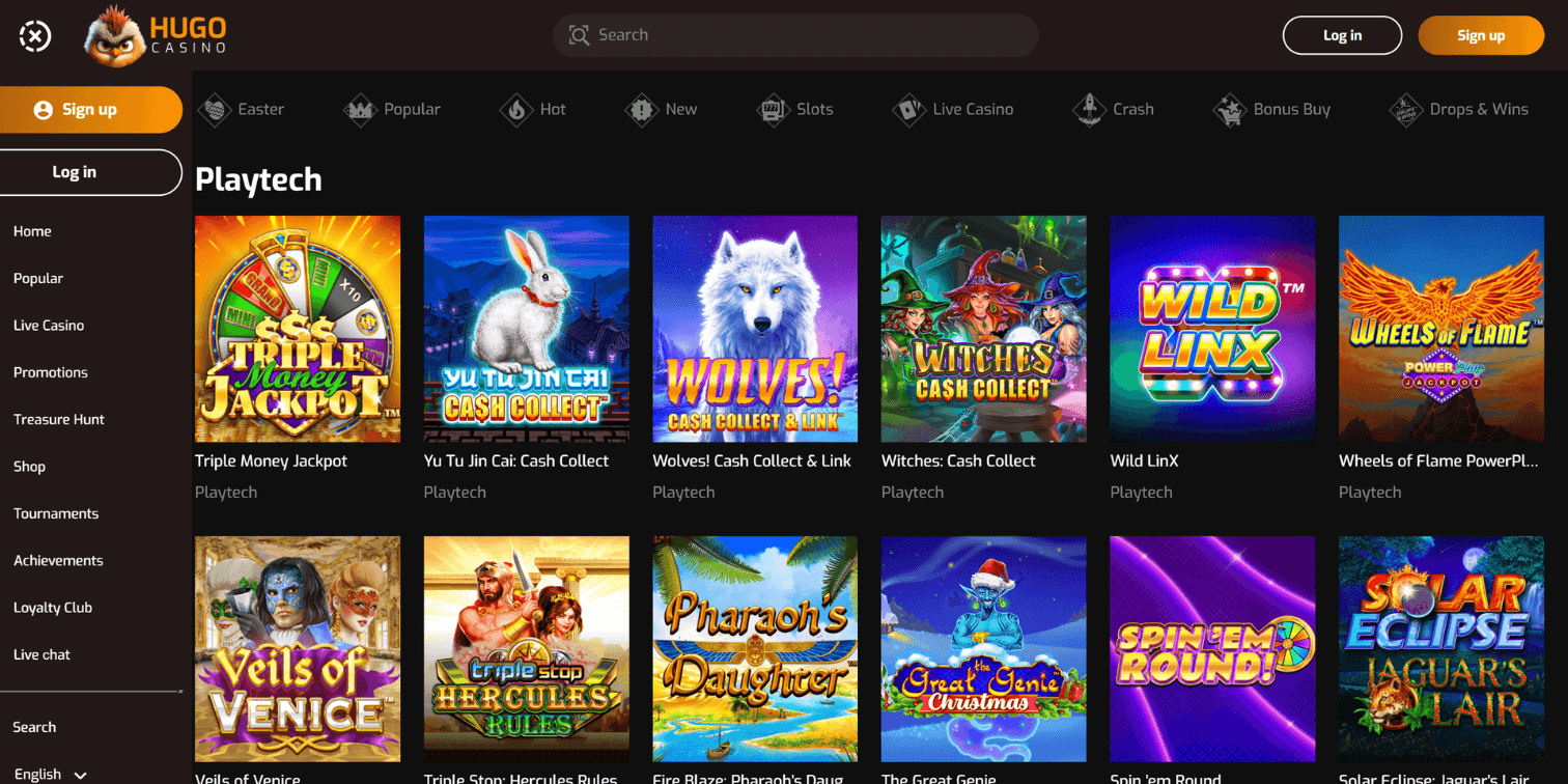 Hugo Casino website showing Playtech slots like Triple Money Jackpot and Wolves Cash Collect.