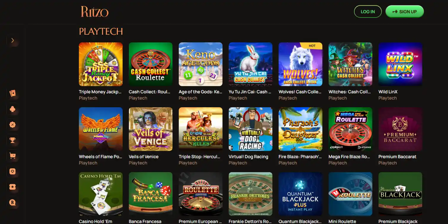 Ritzo casino interface displaying a grid layout of slot and table games by Playtech.
