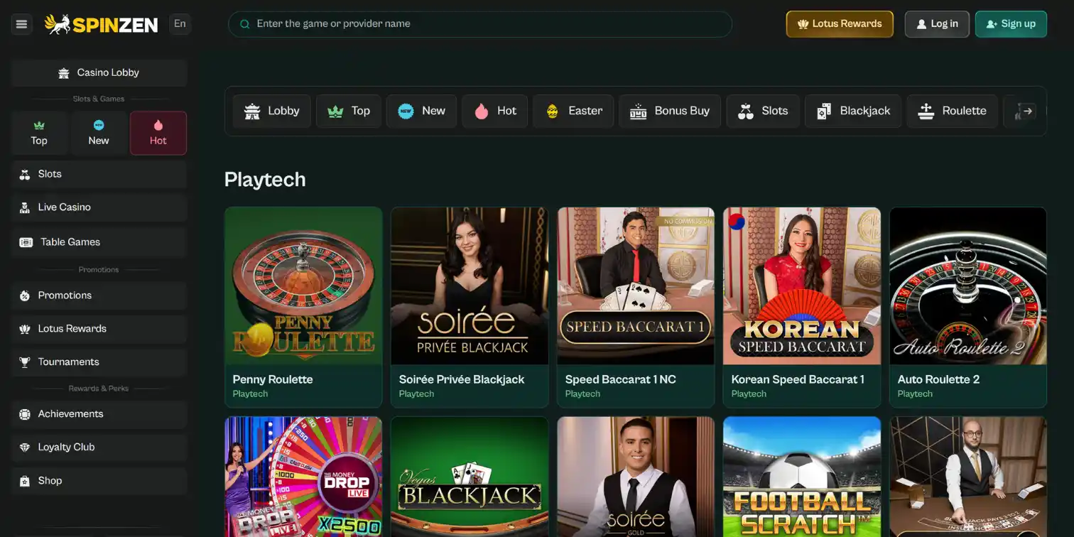 Spinzen Casino lobby displaying Playtech live games such as Penny Roulette and Speed Baccarat.