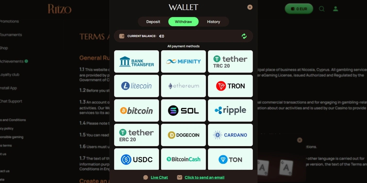 Ritzo Casino online wallet popup displaying Ethereum, Bitcoin, and multiple crypto payment methods.